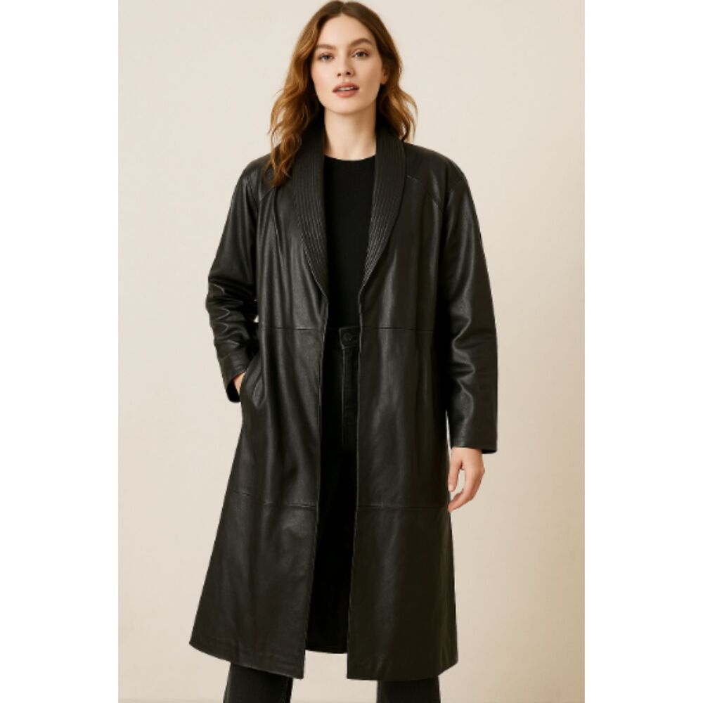 Vintage GIII Leather Black Trench Coat Size Large‎